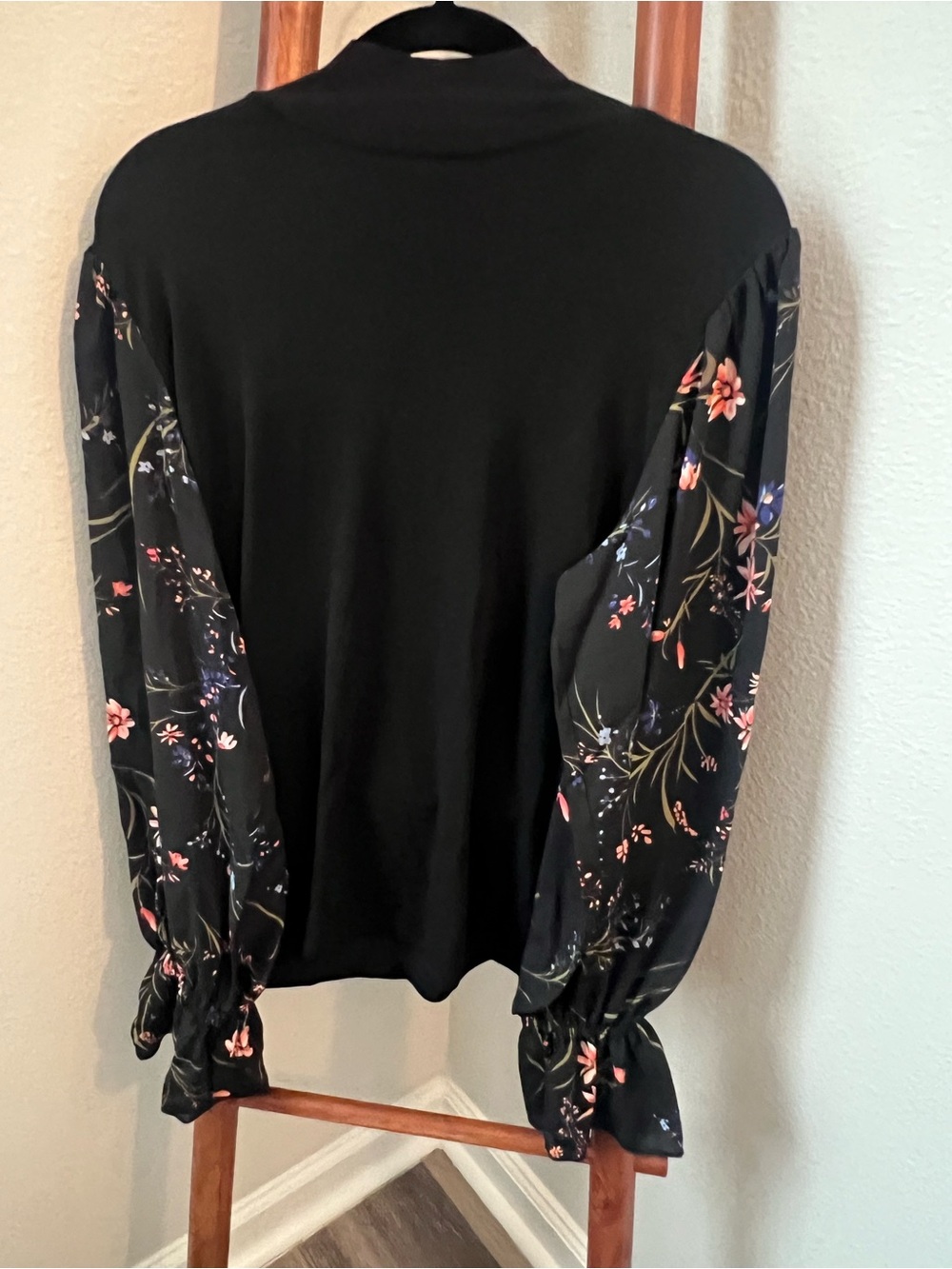 Catherine Malandrino Black Top with Floral Puff Sleeves